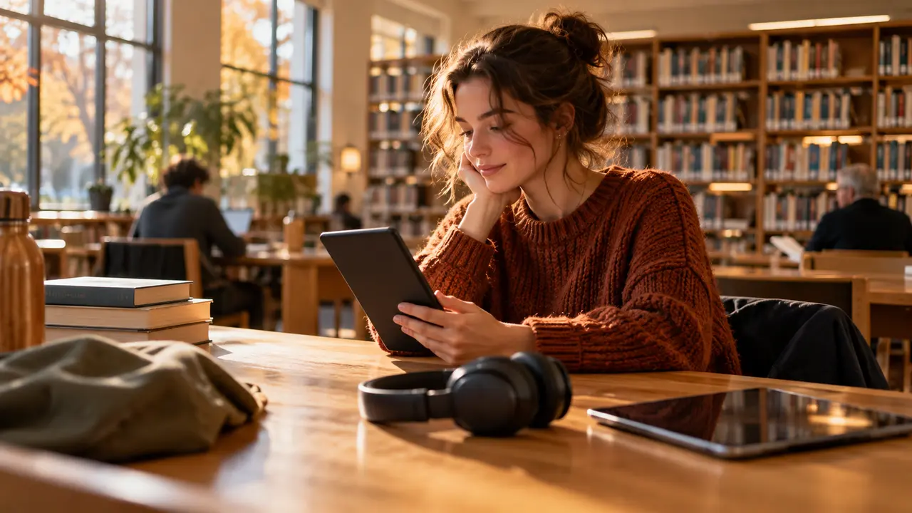 Leserin mit E-Reader an einem Bibliothekstisch neben Tablet und Kopfhörern